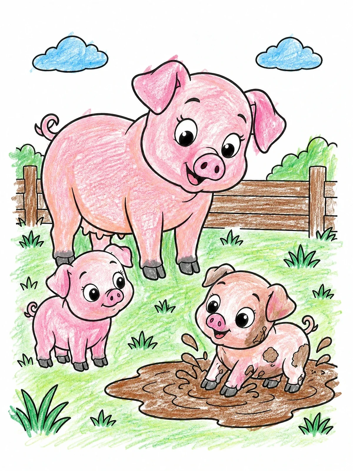 Colored example of the Mother Pig And Piglets In Mud coloring page