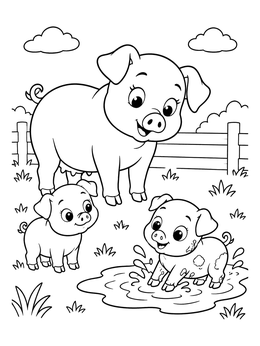 A cheerful mother sow watches her little piglets play in a mud puddle in this pig coloring page.