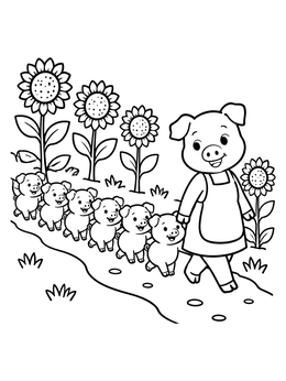 A sweet pig coloring page of a mother pig leading six piglets past sunflowers.