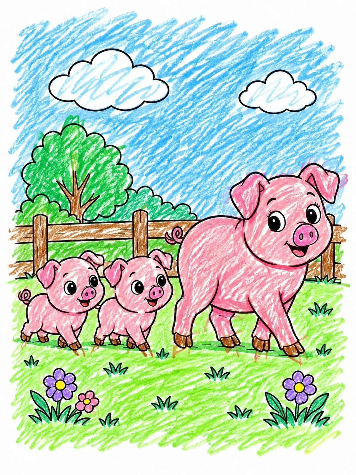 Colored example of the Mother Pig Leading Cute Piglets coloring page