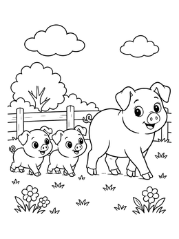 A happy mother and two piglets walk in a meadow on this pig coloring page.