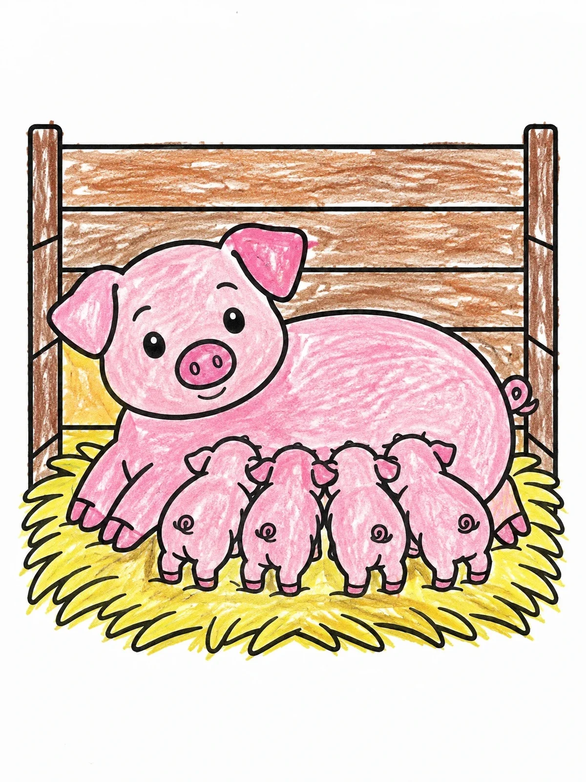 Colored example of the Mother Pig With Four Piglets coloring page