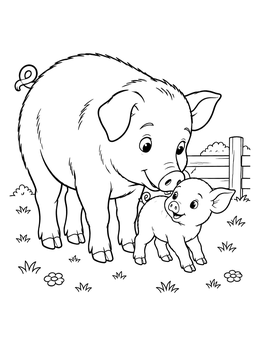 A sweet mother sow nudging her piglet on this cute pig coloring page outdoors.
