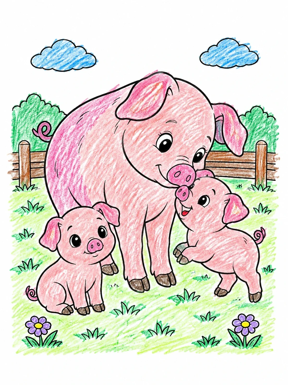 Colored example of the Mother Pig With Playful Piglets coloring page