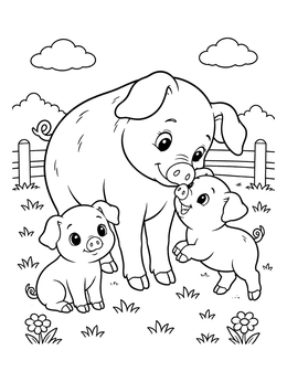 A cheerful mother sow stands with two piglets in a farmyard pig coloring page.