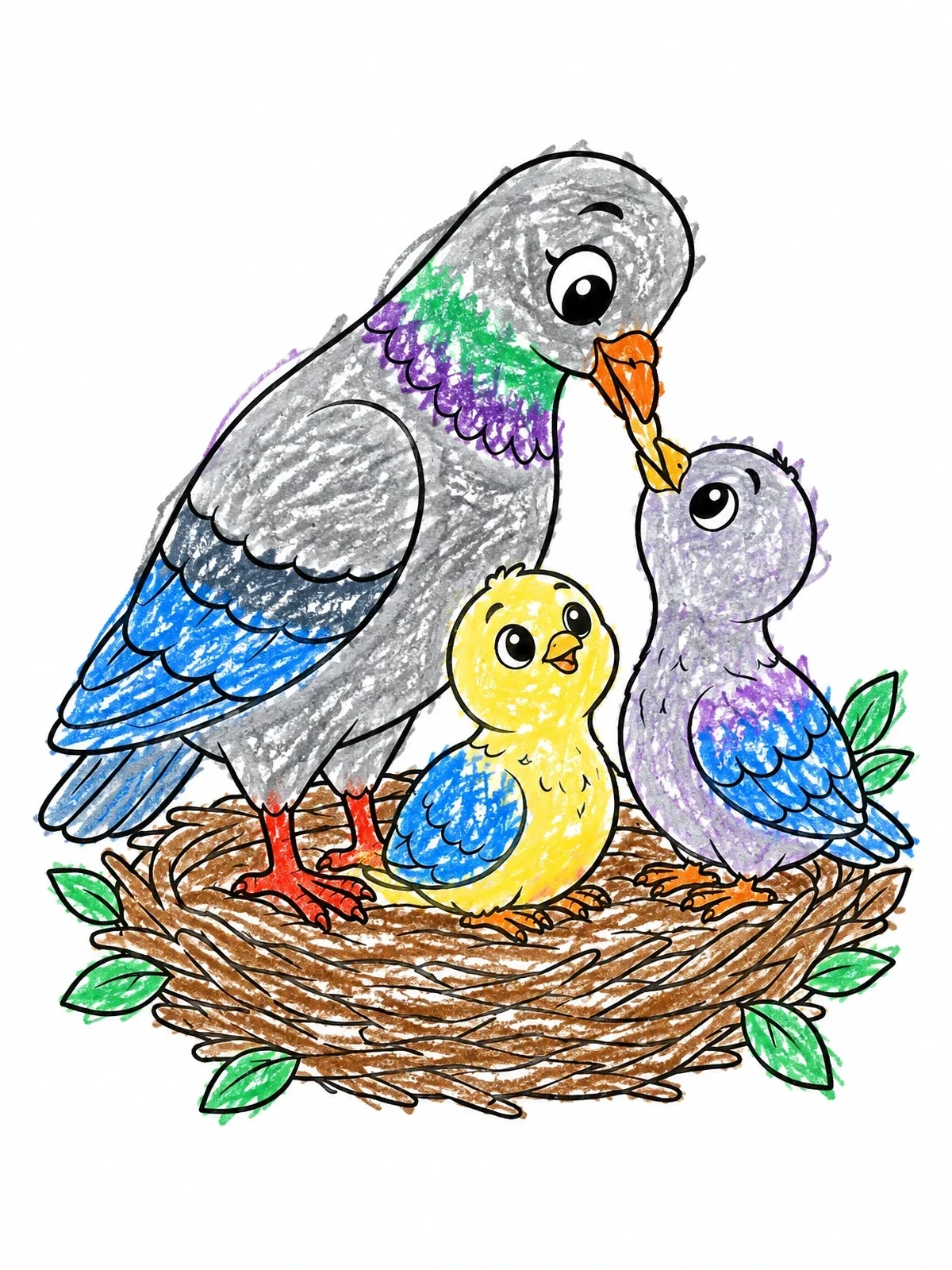 Colored example of the Mother Pigeon Feeding Her Chicks coloring page