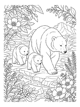 A mother bear and two cubs step on sea ice in this detailed polar bear coloring page.