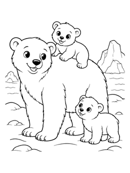 A mother polar bear with one cub on her back and one beside her on this polar bear coloring page.