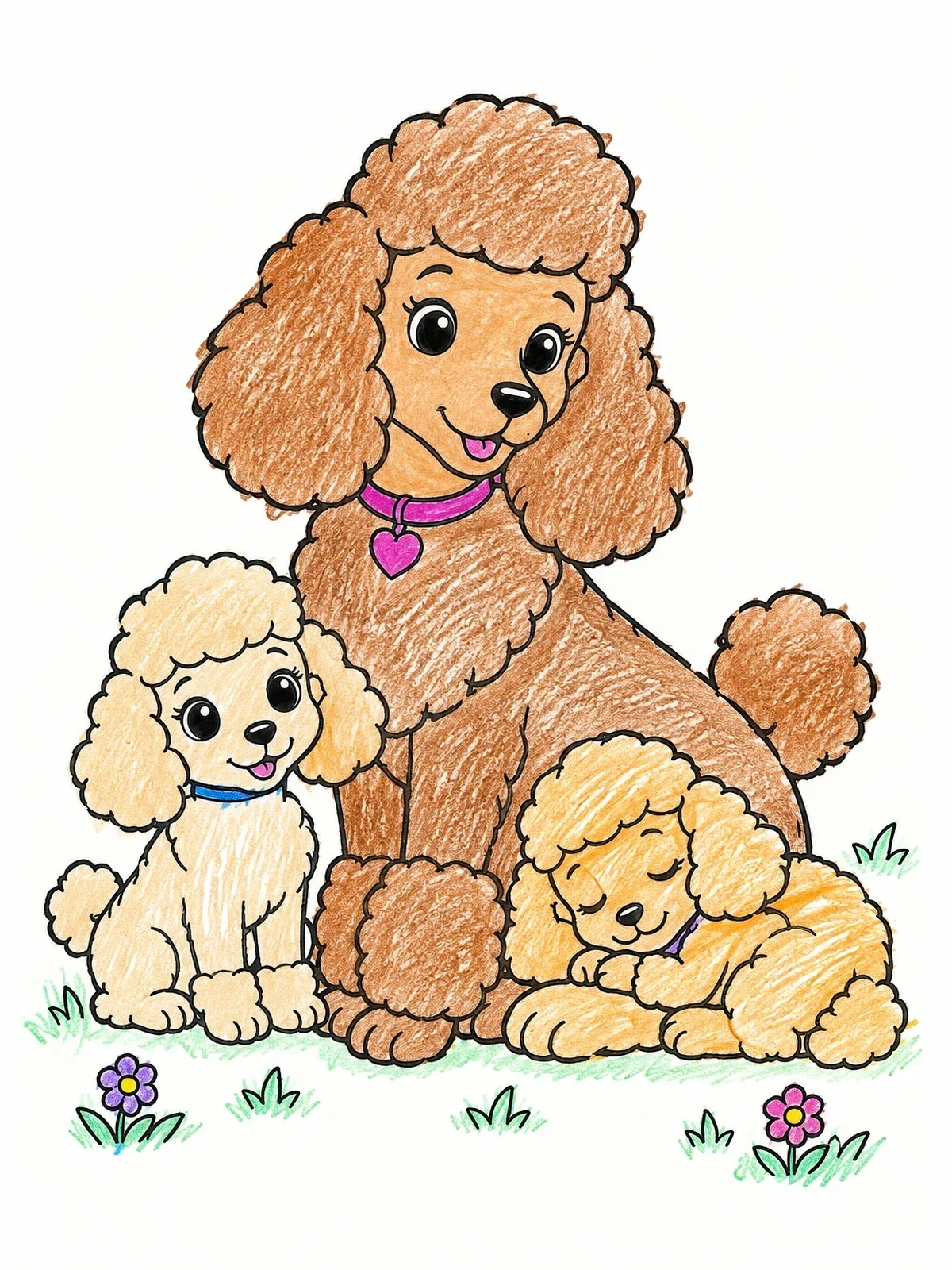 Colored example of the Mother Poodle With Fluffy Puppies coloring page