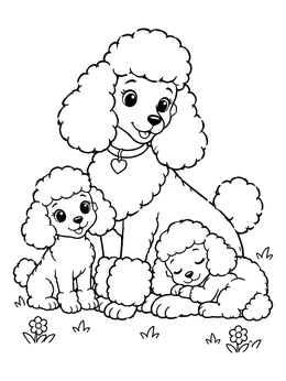 Free printable Mother Poodle With Fluffy Puppies coloring page
