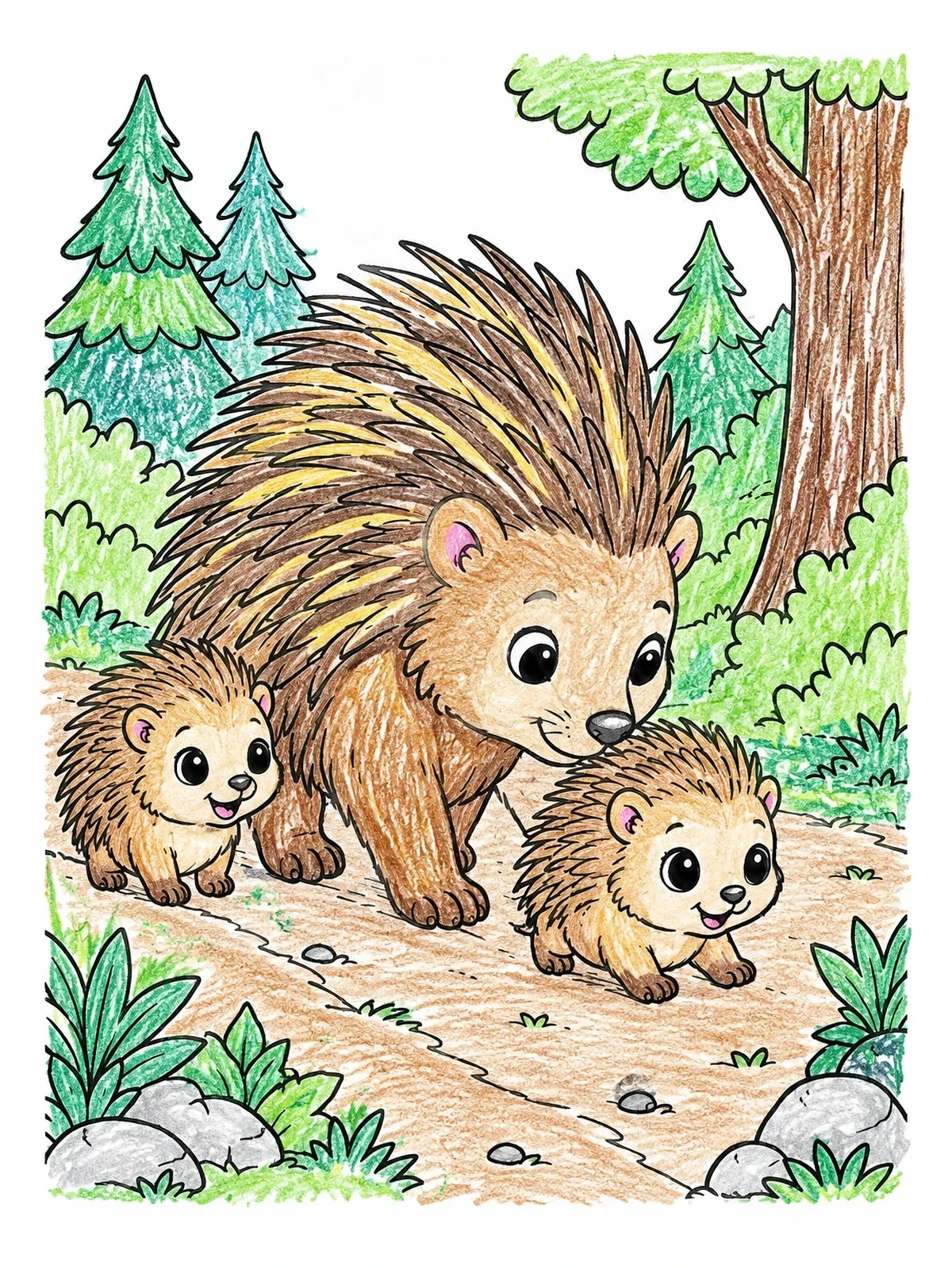 Colored example of the Mother Porcupine With Her Babies coloring page