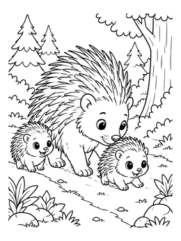 Free printable Mother Porcupine With Her Babies coloring page