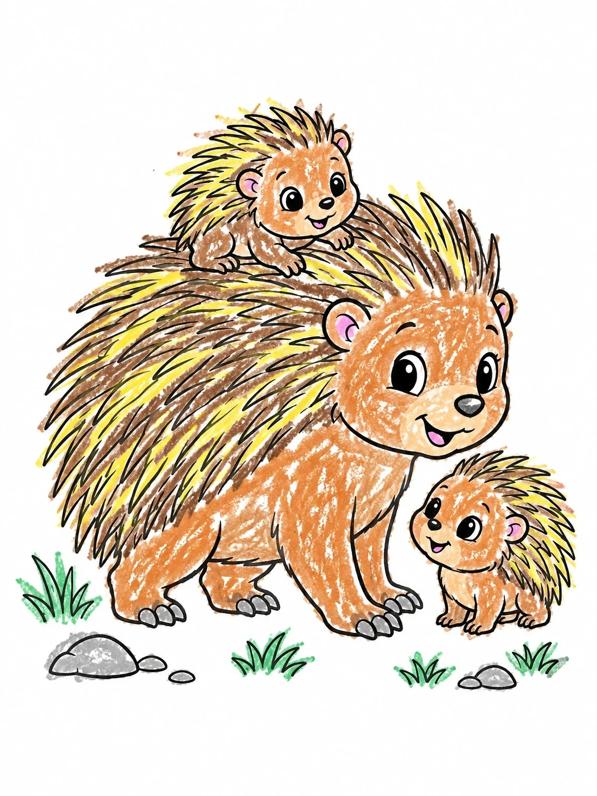 Colored example of the Mother Porcupine With Cute Babies coloring page