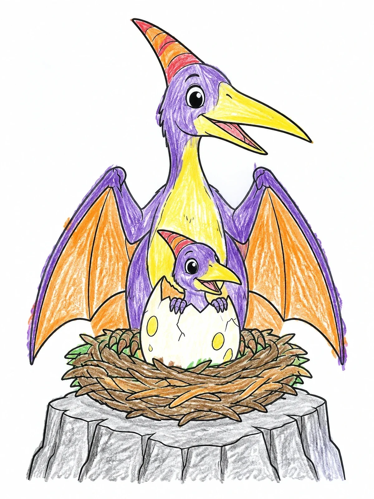 Colored example of the Mother Pteranodon With Hatchling In Nest coloring page