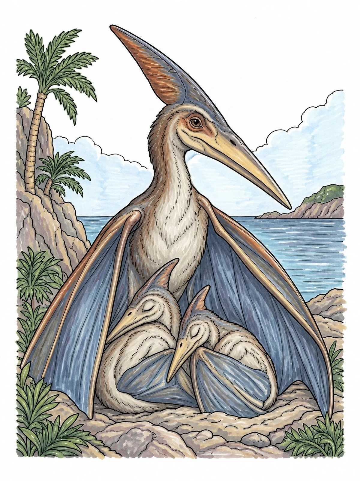 Colored example of the Mother Pteranodon Sheltering Sleeping Hatchlings coloring page
