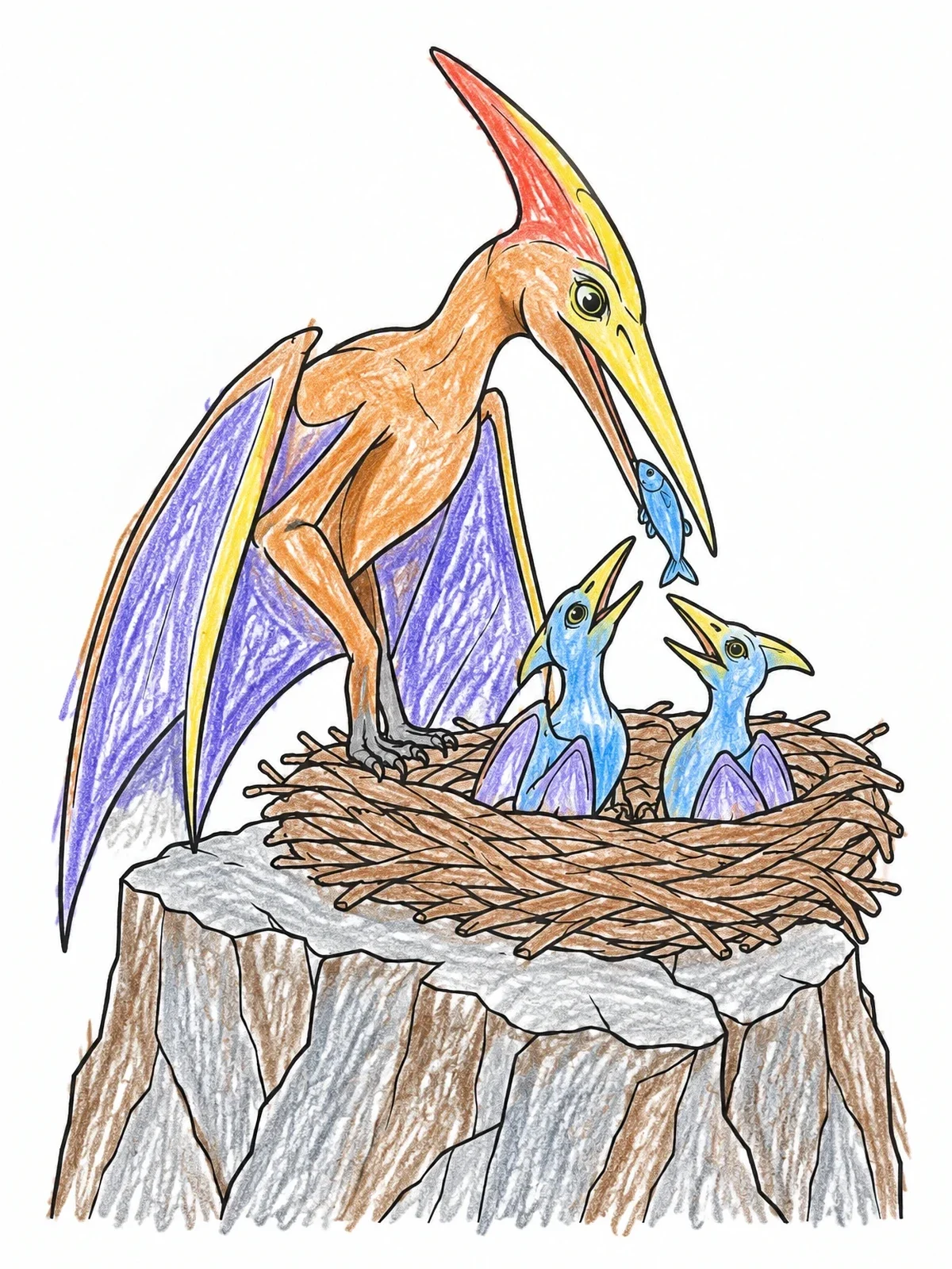Colored example of the Mother Pterodactyl Feeding Chicks In Nest coloring page
