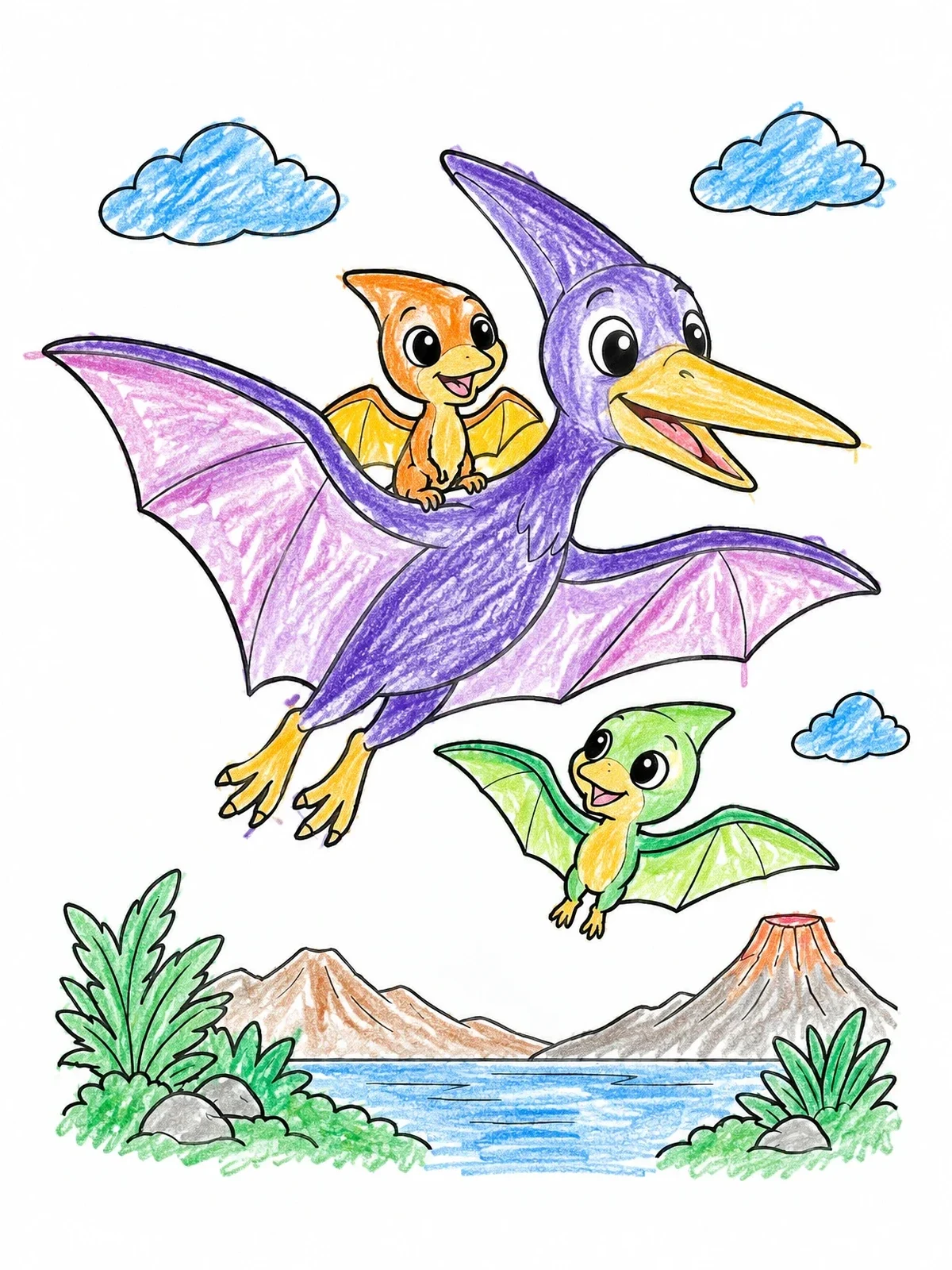 Colored example of the Mother Pterodactyl And Flying Babies coloring page