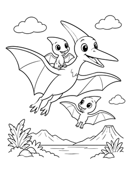A cheerful pterodactyl coloring page showing a mother soaring with two baby pterodactyls over a prehistoric landscape.