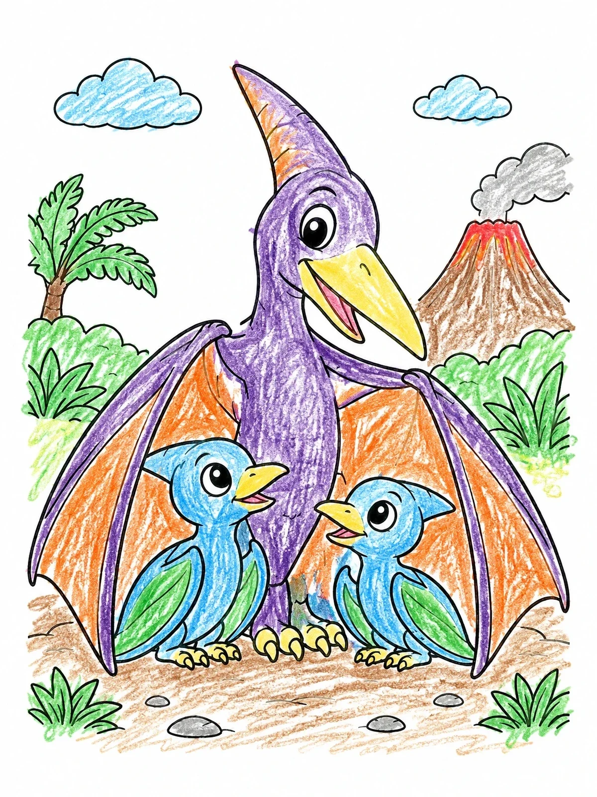 Colored example of the Mother Pterodactyl Sheltering Her Babies coloring page