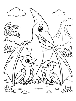 A mother dinosaur protects her young in this pterodactyl coloring page with a volcano background.
