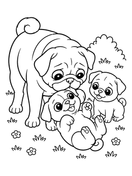 A playful pug coloring page showing a mother dog tending to her happy puppies outdoors.