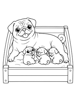 A mother pug resting with three tiny puppies in a cozy wooden bed on this pug coloring page.
