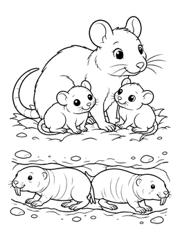 A rat family above ground and mole rats below on this rat coloring page.