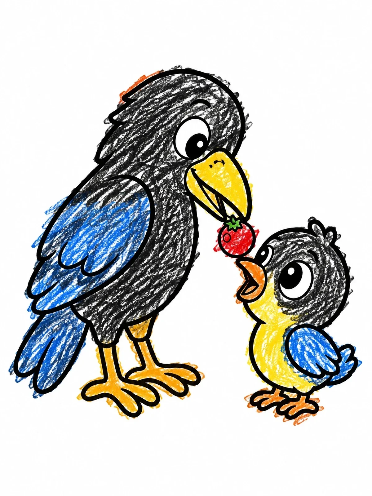 Colored example of the Mother Raven Feeding Cute Chick coloring page