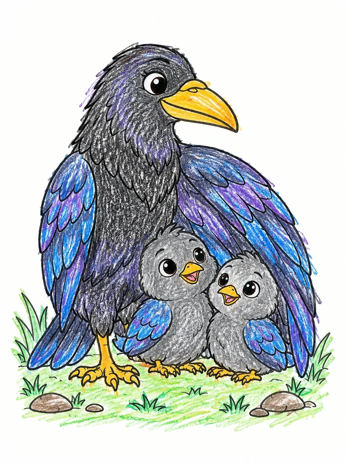 Colored example of the Mother Raven Sheltering Cute Chicks coloring page