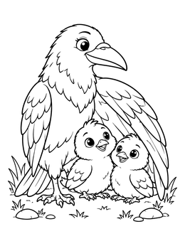 Free printable Mother Raven Sheltering Cute Chicks coloring page