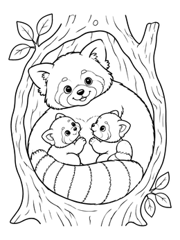 A sweet mother and cubs rest in a hollow tree in this red panda coloring page.