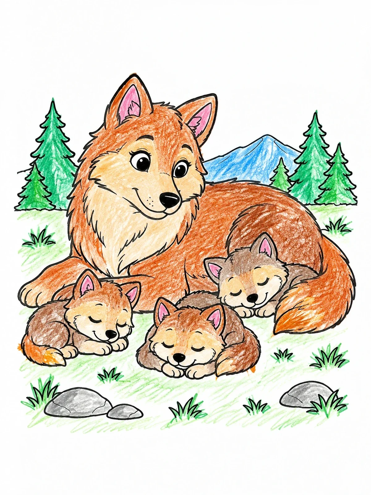 Colored example of the Mother Red Wolf With Sleeping Pups coloring page