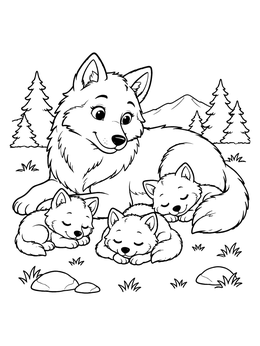 Free printable Mother Red Wolf With Sleeping Pups coloring page