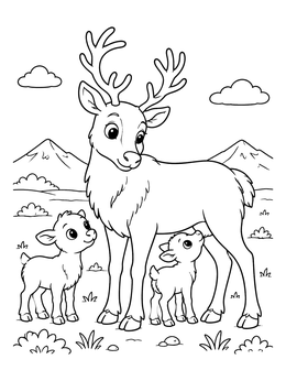 A sweet reindeer coloring page with a mother reindeer caring for her two cute calves in the tundra.