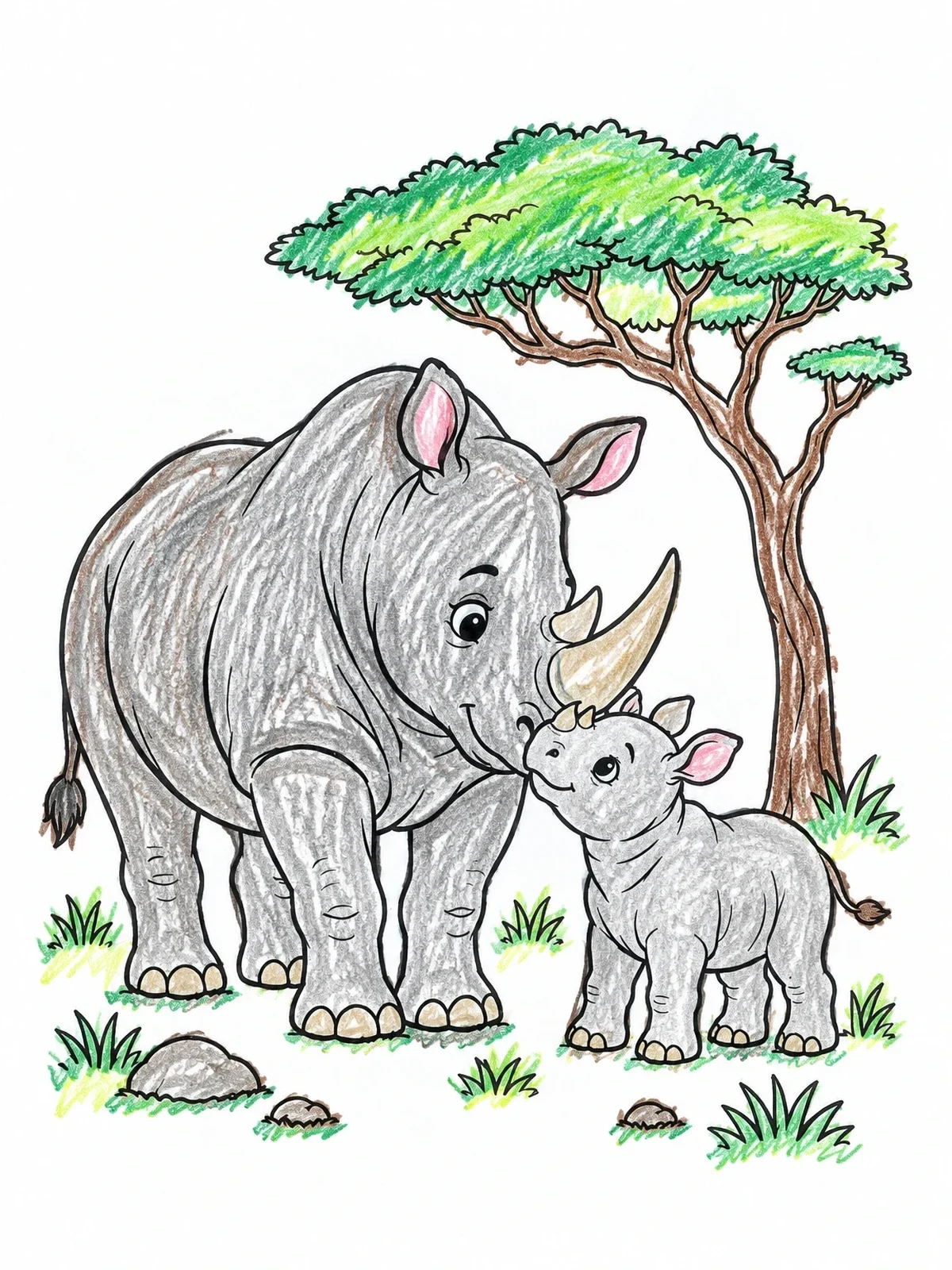 Colored example of the Mother Rhinoceros With Cute Calf coloring page