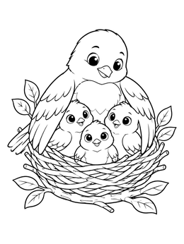 Free printable Mother Robin With Chicks In Nest coloring page