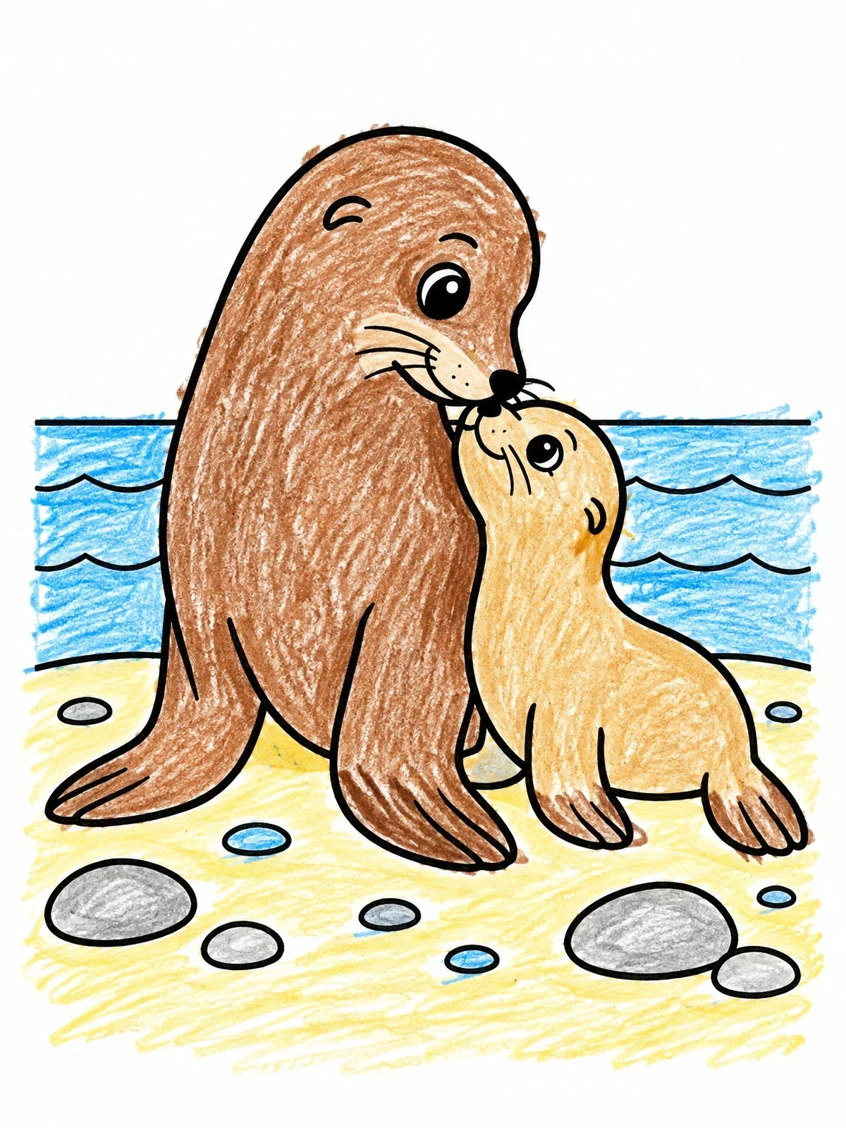 Colored example of the Mother Sea Lion And Pup On Beach coloring page
