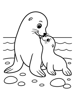 A sweet mother and pup on this sea lion coloring page by the ocean shore.