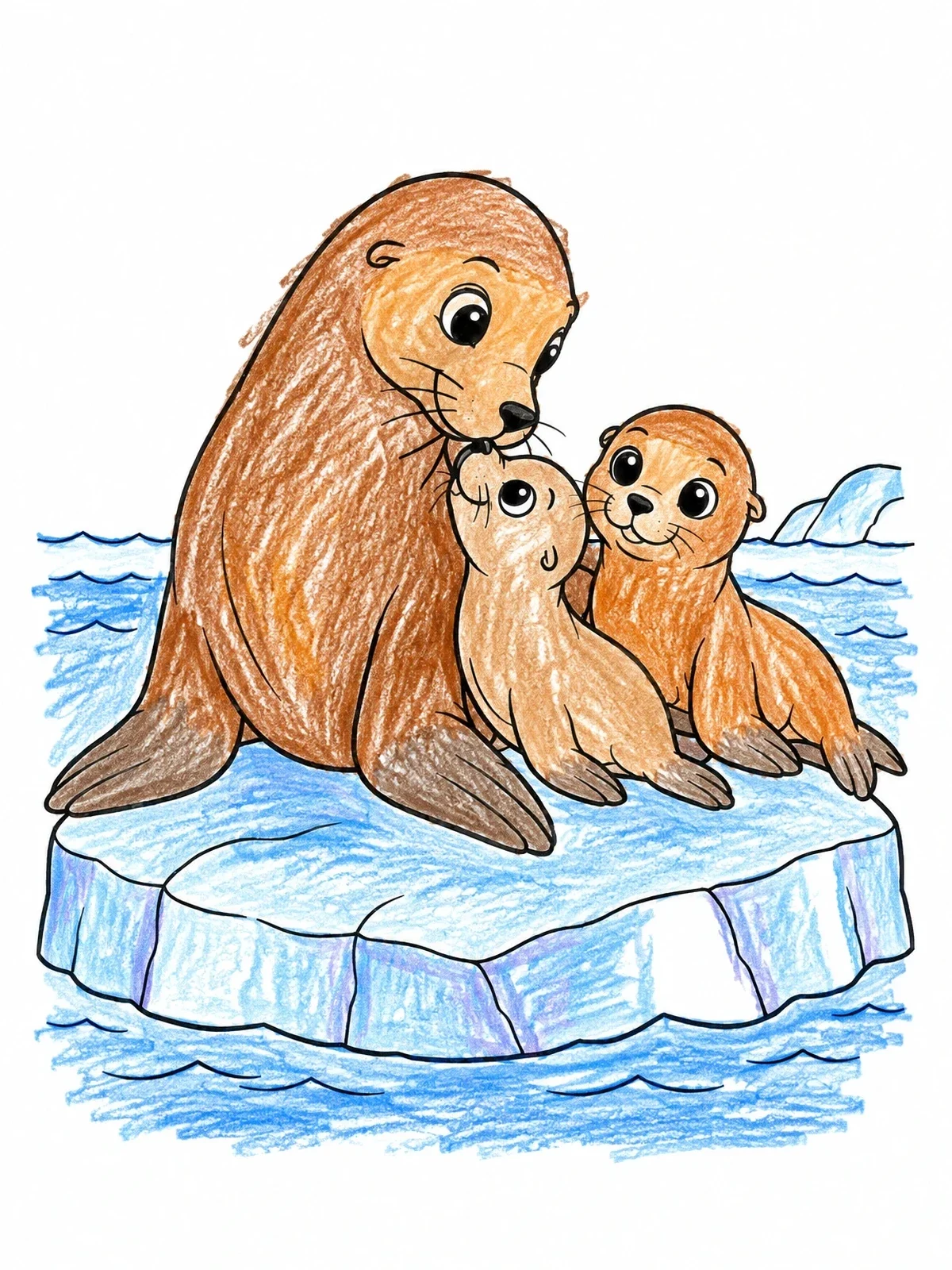 Colored example of the Sea Lion Mother And Her Pups coloring page