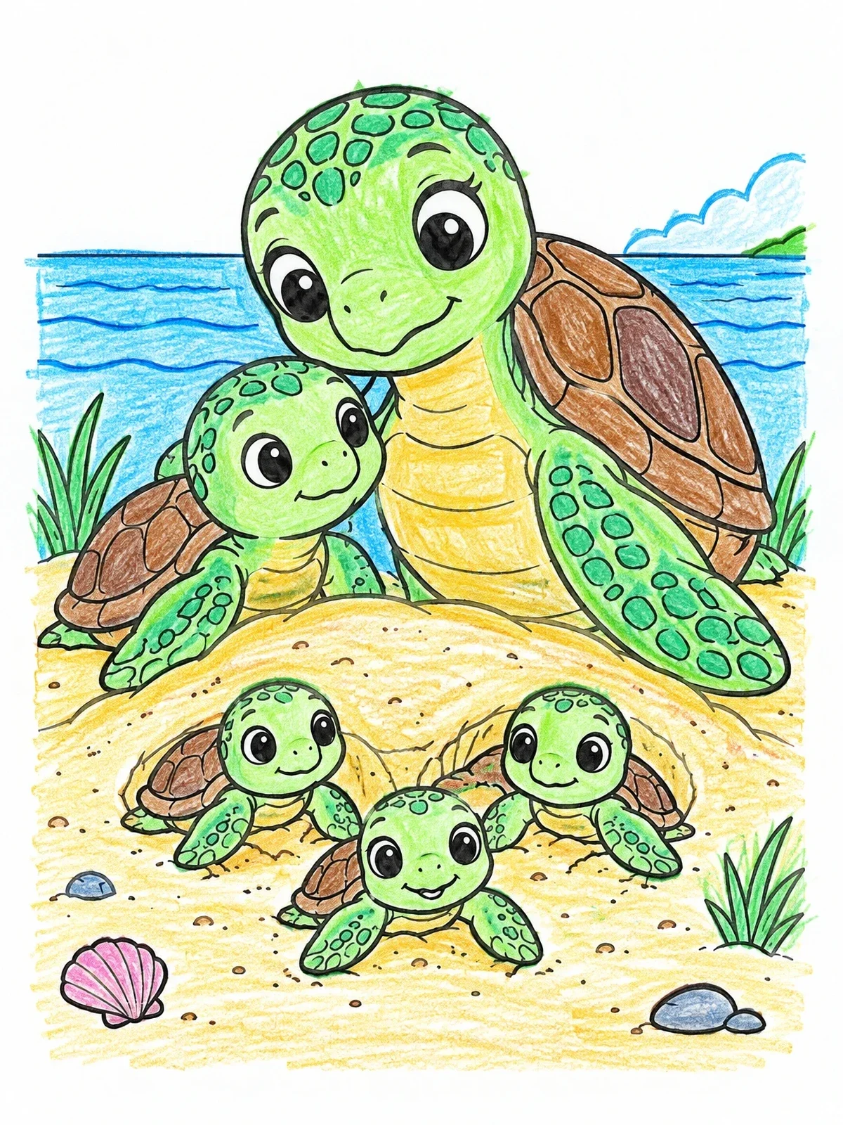 Colored example of the Mother Sea Turtle And Hatchlings coloring page