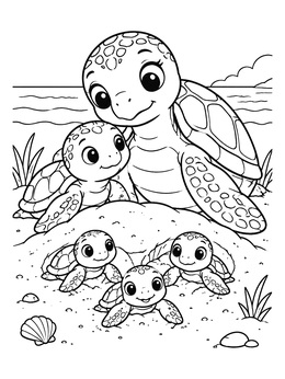 A sea turtle coloring page showing a mother turtle watching her baby hatchlings crawl on the sandy beach.