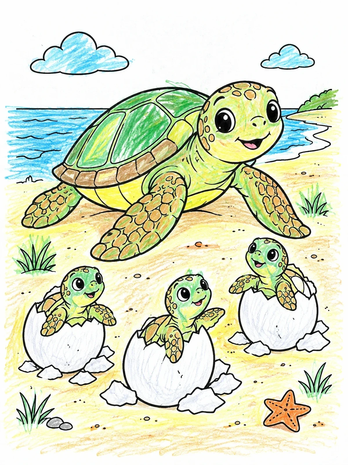 Colored example of the Mother Sea Turtle And Hatching Babies coloring page