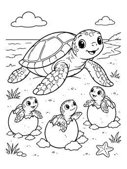 A mother turtle watches baby hatchlings on this sea turtle coloring page.