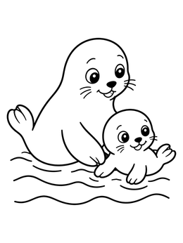 A cheerful seal coloring page featuring a mother seal watching her sweet pup in shallow water.