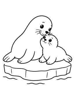 A cute mother seal nuzzling her pup on an ice floe in this seal coloring page.