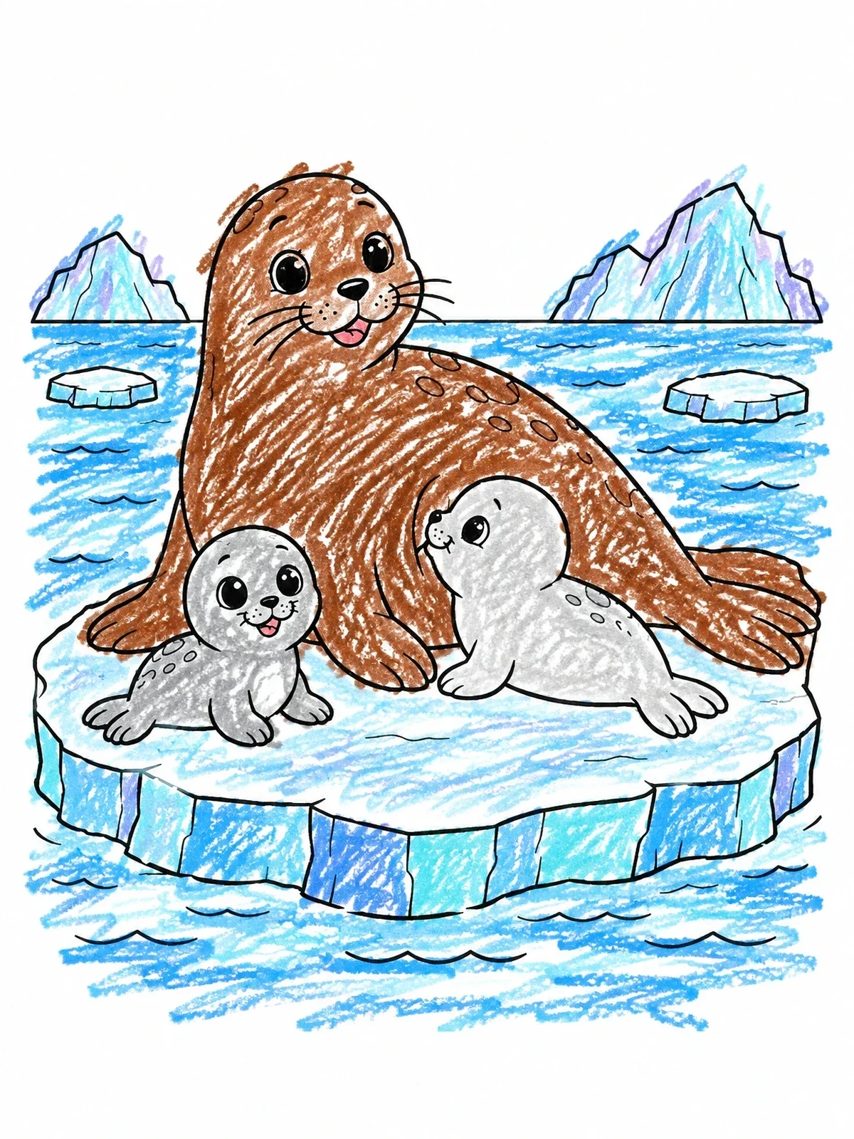 Colored example of the Mother Seal With Cute Pups coloring page