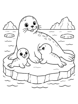 A sweet seal coloring page featuring a mother seal resting on an ice floe with two playful pups.