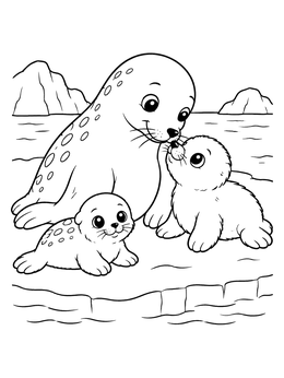 A mother seal nuzzling her cute baby pup in a charming seal coloring page.