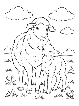 A mother ewe standing beside her cute lamb in this sheep coloring page.
