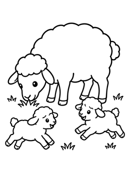 Free printable Mother Sheep Grazing With Playing Lambs coloring page
